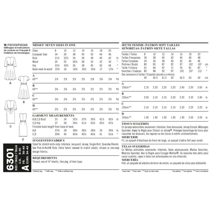 Product details for the New Look 6301 Misses’ Mock Wrap Knit Dress by Super Cheap Fabrics include a sewing pattern chart for women's dresses and tunics. The pattern features various sizes, fabric requirements, and garment measurements. Line drawings illustrate three styles (A, B, C) with sleeve and length variations. It's designed for knit and stretch fabrics. Instructions are provided in English, French, Spanish, and Portuguese.