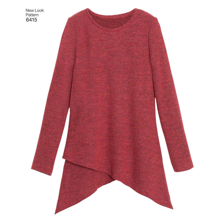 Red asymmetrical long-sleeve tunic with a round neckline and an uneven hemline, ideal for pairing with leggings. The label displays "Super Cheap Fabrics Pattern - New Look - N6415 - Misses’ Knit Tunics" in the top left corner.