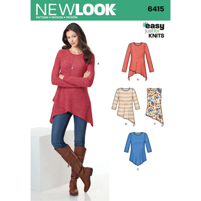 A woman wearing a red knit tunic, jeans, and tall brown boots leans against a white block. The image showcases four design options labeled A to D for the tunics from "Pattern - New Look - N6415 - Misses’ Knit Tunics" by Super Cheap Fabrics, featuring different patterns and sleeve lengths. The text states, "New Look 6415, easy just for knits." Ideal when paired with leggings for effortless style.