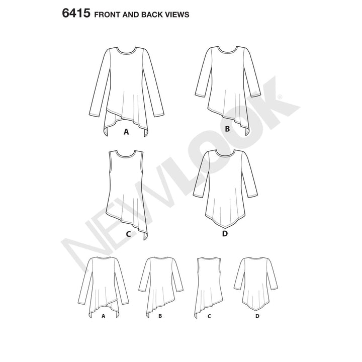 Illustration of sewing patterns for New Look N6415 Misses’ Knit Tunics by Super Cheap Fabrics, featuring designs labeled A to D. Each pattern includes front and back views with asymmetrical hemlines and varying sleeve lengths, ideal for pairing with leggings or knitwear.