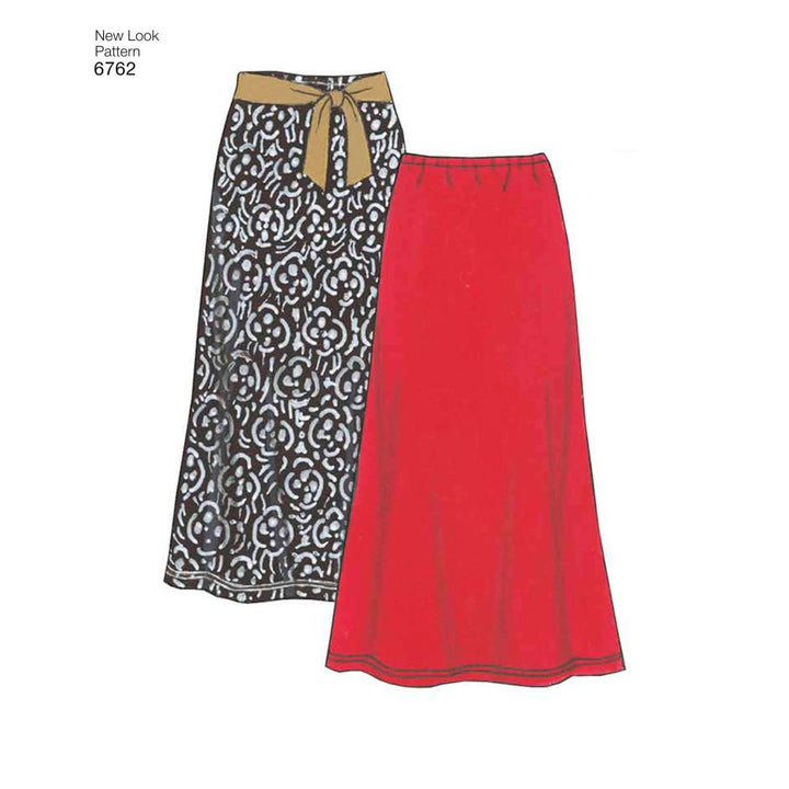 Illustration of two skirts from the Super Cheap Fabrics Pattern - NEW LOOK - 6762 - Misses’ Coordinates. One is black with a white floral pattern, complemented by a brown belt, while the other is solid red. These long and flowy skirts pair beautifully with any elegant top for a stunning ensemble.