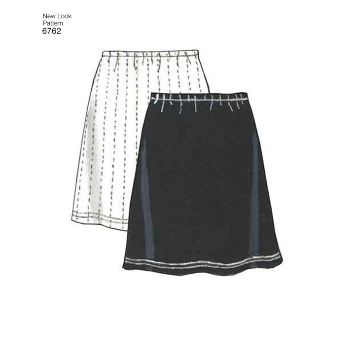 Illustration of two stylish A-line skirts paired with an inspiring top. One skirt is white adorned with vertical dashed lines, while the other is black with subtle side shading. Both skirts feature a defined waistband and hemstitch details. This design is topped by "Pattern - NEW LOOK - 6762 - Misses’ Coordinates" from Super Cheap Fabrics.