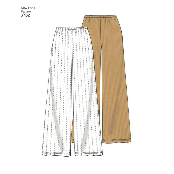 Illustration of wide-leg knit trousers featuring elastic waistbands. One pair is white with vertical stripes, and the other is in a solid tan color. The text in the top corner reads "Pattern - NEW LOOK - 6762 - Misses’ Coordinates by Super Cheap Fabrics.