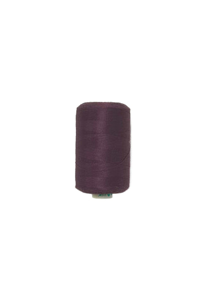 A spool of Grape Wine spun polyester sewing thread, size 40/2, by Super Cheap Fabrics, is isolated on a white background.