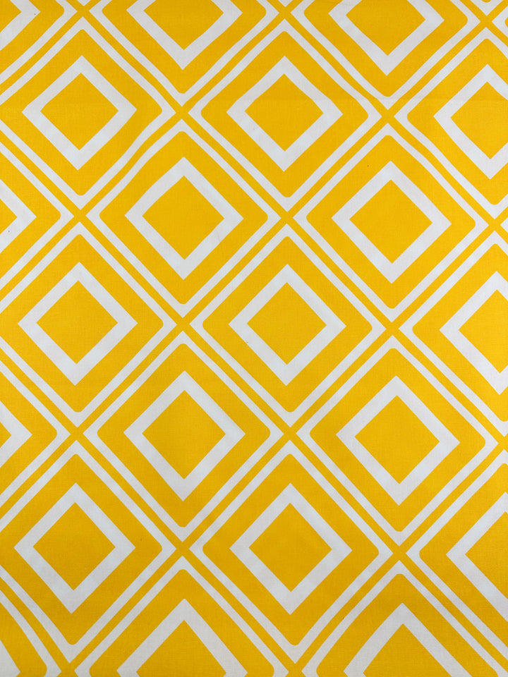 A repeating geometric pattern with diamond shapes in white and yellow hues. The diamonds are aligned in a grid, creating a visually appealing and symmetrical design against a yellow background. Perfect for cotton fabric used in fashion accessories or home décor, it evokes a retro or modern art style. Introducing the Printed Canvas - Tiles - 145cm by Super Cheap Fabrics.