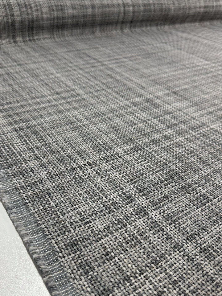 Close-up of Super Cheap Fabrics' Chunky Basket-Weave Upholstery in Marque Dove (145cm), featuring a textured gray weave with a subtle plaid, ideal as a durable, heavyweight fabric for upholstery projects.