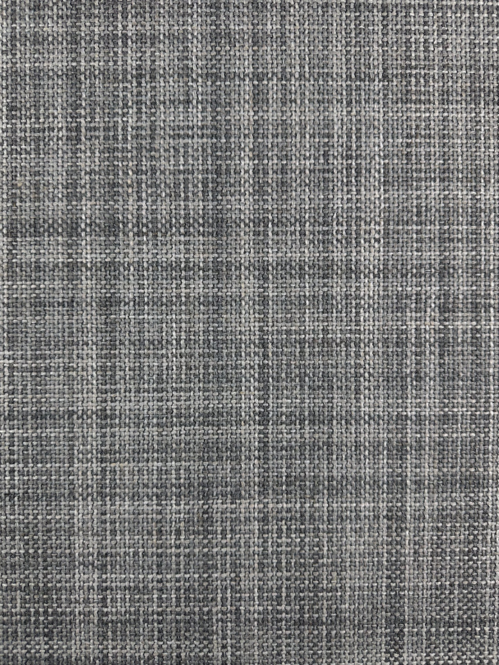 Close-up of Super Cheap Fabrics' Chunky Basket-Weave Upholstery in Marque Dove (145cm), a heavy-weight fabric with grey and white plaid crisscross design—ideal for durable upholstery and coastal-style furniture.