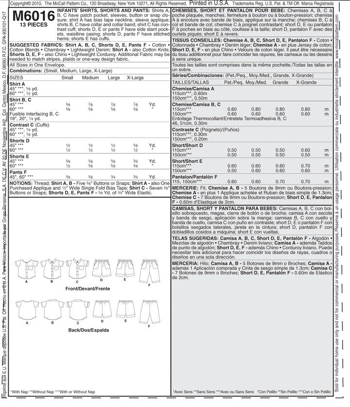 Sewing pattern for infants' shirts, shorts, and pants labeled Mccall's M6016 by Super Cheap Fabrics. Includes sizes and fabric suggestions ideal for your next shopping trip. Instructions and measurements are provided in English, Spanish, and French, with diagrams showing front and back views of the clothing.