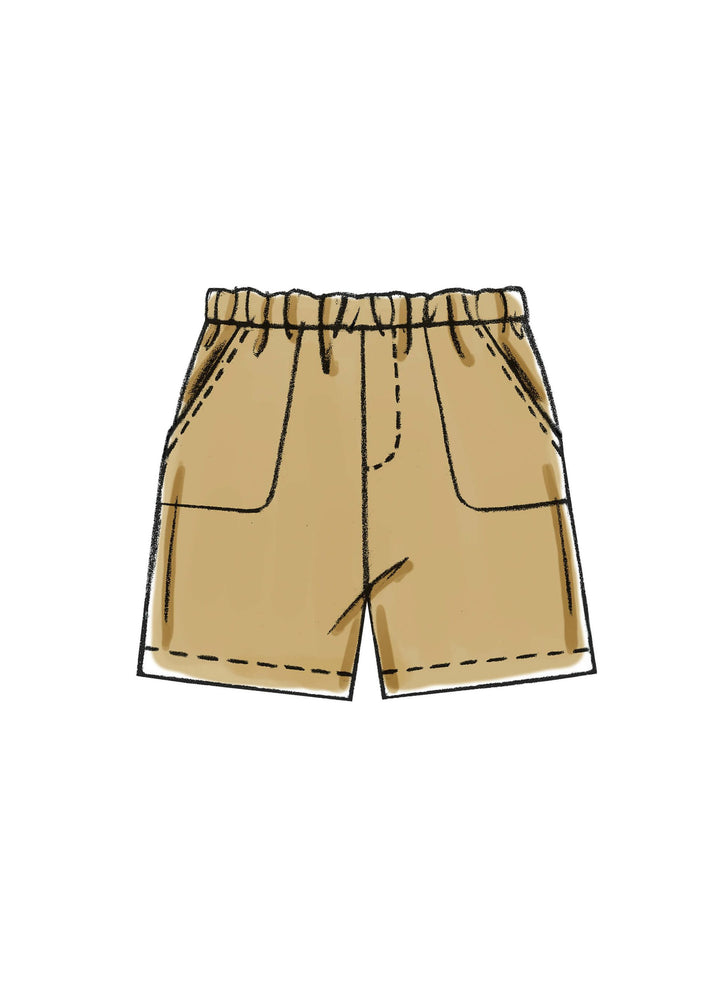 An illustration showcases beige shorts with an elastic waistband and two front pockets, ideal for a shopping trip. The shorts feature visible stitching lines for added detail and are paired with a matching tote bag, all elegantly sketched against a plain white background. This design is inspired by the Pattern - Mccall's - M6016 - Infants’ Shirts, Shorts And Pants from Super Cheap Fabrics.