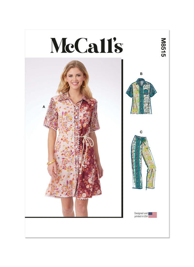 Check out Super Cheap Fabrics' pattern cover for McCall's M8395, showcasing a woman wearing a stylish dress. The package includes illustrations of additional clothing options: a long robe, pants set, and chic tops. All designed and printed in the USA.