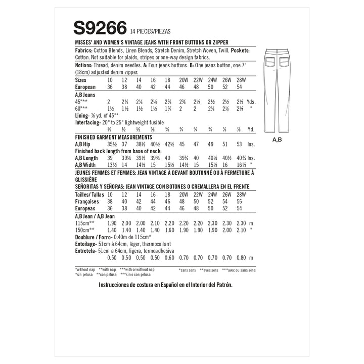 The "Pattern - Simplicity - S9266 - Misses and Women's Vintage Jeans (Buttons/Zipper)" by Super Cheap Fabrics includes information in English, French, and Spanish for creating vintage ankle-length jeans with either front buttons or a zipper. It provides fabric suggestions, required notions, detailed measurements, and features a sketch of denim jeans on the right.