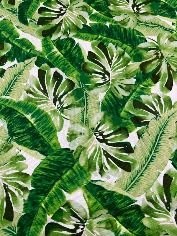 The Super Cheap Fabrics' "Printed Canvas - Monsterra - 112cm" features a vibrant pattern of overlapping green tropical leaves, showcasing detailed textures and varied shapes. Ideal for tote bags or home décor, it adds a lush touch to any cotton fabric creation.