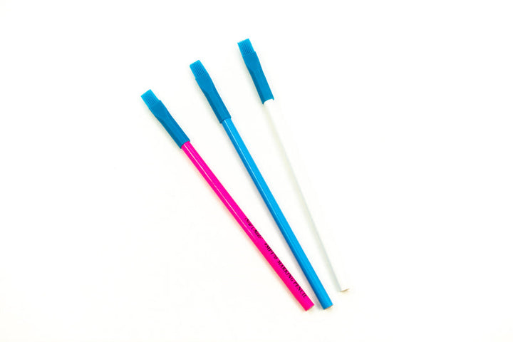 Three Marking Pencils by Super Cheap Fabrics are shown against a white background. The pencils have blue caps with handles available in pink, blue, and white colors.