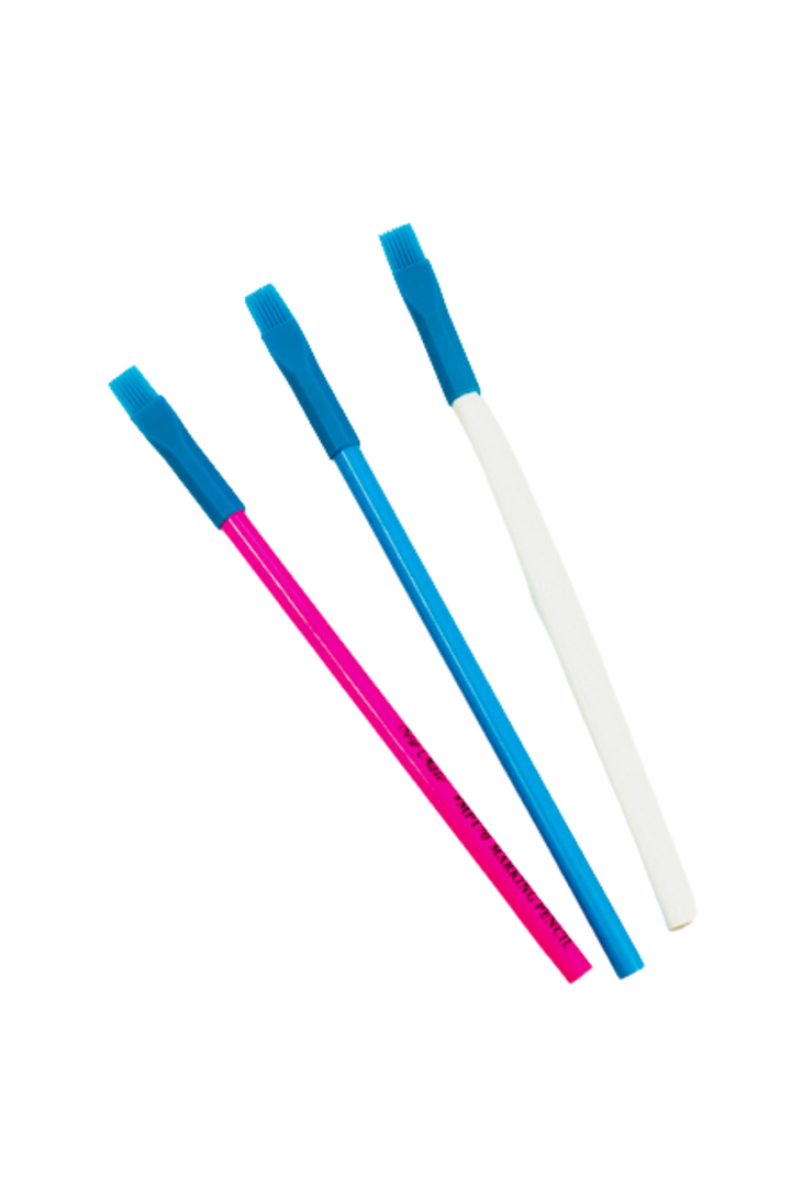 Three interdental brushes with blue bristles: one pink with a round handle, like the Marking Pencil - Blue by Super Cheap Fabrics, one blue with a round handle, and one white with a flat handle.