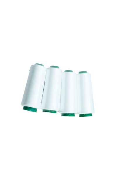 The 4 Pack Overlocking Thread - White by Super Cheap Fabrics features white spools with green caps, each offering 2000 metres of thread, arranged in a row on a white background.