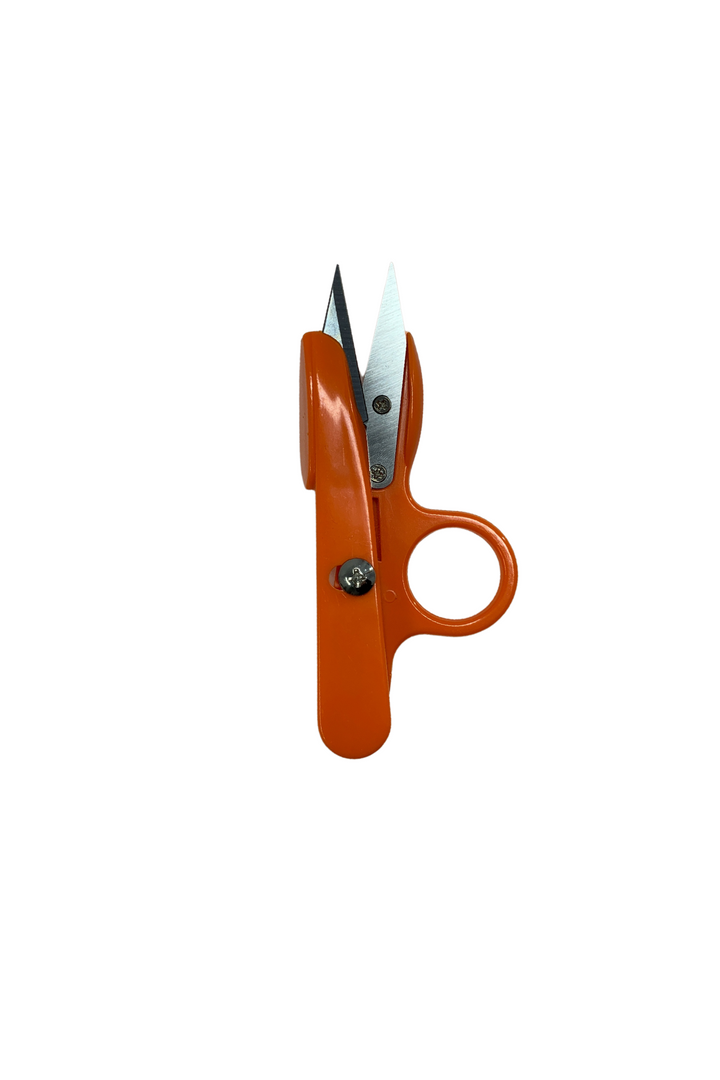 The Thread Cutter by Super Cheap Fabrics is an easy-to-use tool featuring sharp, short blades and a bright orange handle. The handle is designed with a circular finger hole to ensure a comfortable grip. Positioned vertically against a plain white background, this practical and efficient cutter is perfect for your fabric needs.