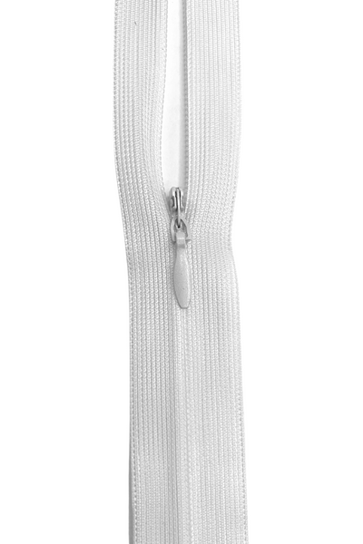 Close-up image of the Invisible Zip - White - 45cm by Super Cheap Fabrics. The polyester zipper is partially unzipped, exposing the teeth. The pull tab is centered, and the fabric surrounding the invisible zip is also white.